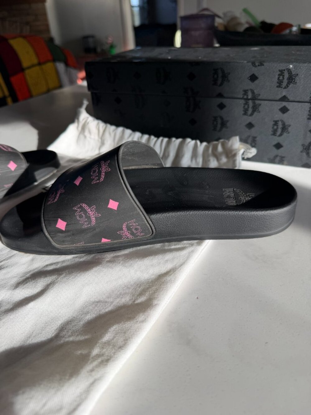 MCM Black Pink Monogram Print Rubber Slides Sandals Great Used Condition w/ Box - Picture 11 of 12